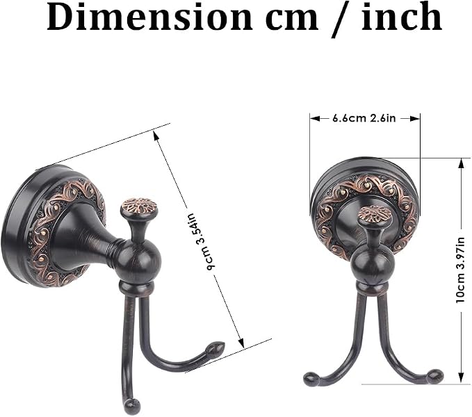 Black Antique Brass Towel Hook, Wall Mounted Bathroom Copper Double Hook for Clothing & Robe Hanger, Screws Install Shower Wall Hook