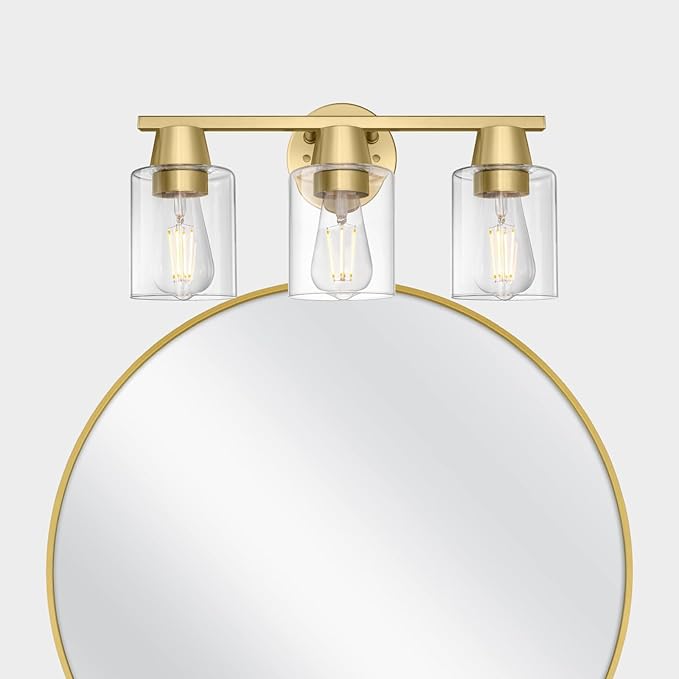 Modern Wall Sconces Lighting with Brass Finished Clear Glass Shade, Matte Gold 3 Vanity Light Over Mirror, Industrial Bathroom Light Fixtures for Living Room Hallway Kitchen Porch E26 Base