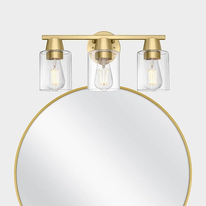 Modern Wall Sconces Lighting with Brass Finished Clear Glass Shade, Matte Gold 3 Vanity Light Over Mirror, Industrial Bathroom Light Fixtures for Living Room Hallway Kitchen Porch E26 Base