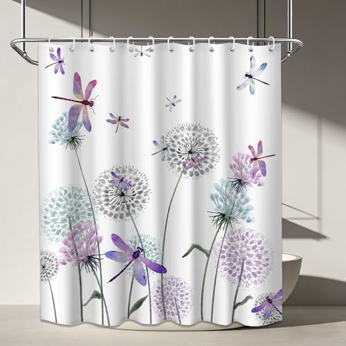 Blue Purple Dandelion Shower Curtain Spring Dragonfly Lavender Grey White Watercolor Shower Curtains for Bathroom Decor, Waterproof Cloth Fabric with Hooks 70" Wx72 L