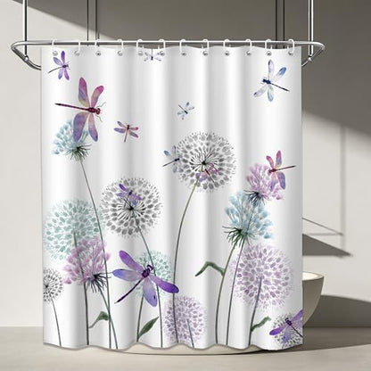 Blue Purple Dandelion Shower Curtain Spring Dragonfly Lavender Grey White Watercolor Shower Curtains for Bathroom Decor, Waterproof Cloth Fabric with Hooks 70" Wx72 L
