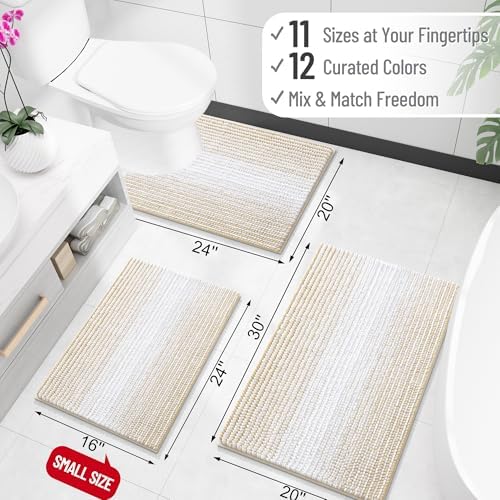 OLANLY Bathroom Runner Rugs 47x20, Soft Chenille Striped Bath Rugs, Beige