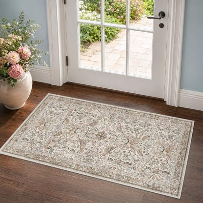 Boho Moss 2x4 Small Rugs for Entryway, Vintage Washable Low Pile & Soft Throw Rugs for Kitchen, Bathroom - Classic Home Décor, Bird & Botanical Design Stain Resitant Non Slip Carpet