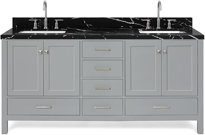ARIEL Cambridge 72 Inch Double Rectangle Sink Bathroom Vanity with Nero Marquina Black Quartz Countertop 1.5 Inch in Grey
