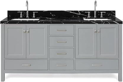 ARIEL Cambridge 72 Inch Double Rectangle Sink Bathroom Vanity with Nero Marquina Black Quartz Countertop 1.5 Inch in Grey