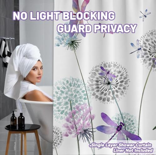 Blue Purple Dandelion Shower Curtain Spring Dragonfly Lavender Grey White Watercolor Shower Curtains for Bathroom Decor, Waterproof Cloth Fabric with Hooks 70" Wx72 L