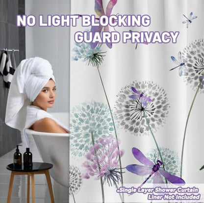 Blue Purple Dandelion Shower Curtain Spring Dragonfly Lavender Grey White Watercolor Shower Curtains for Bathroom Decor, Waterproof Cloth Fabric with Hooks 70" Wx72 L