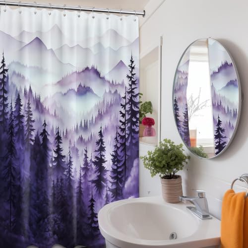 Dark Purple Forest Shower Curtain, 60X72 in, Mountain Rustic Pine Tree