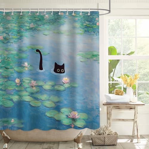 APROPHIC Cat Shower Curtain, Boho Modern Cute Girly Bathroom Curtain, Black Cartoon Cat Lotus Leaves and Flowers Pond Curtain Set, Waterproof Bathroom Home Decor Set with Hooks, 72X72 Inches