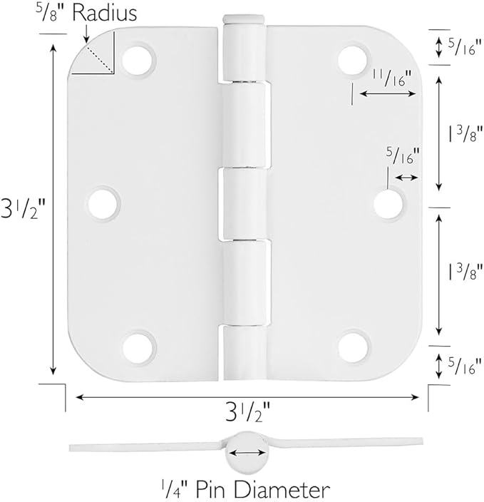 Design House Door Hinges for Interior Doors 6-Pack 3.5-inch x 3.5-inch – Rounded 5/8-inch Radius Steel Door Hinge – Painted White – Fits Standard Doors – Design House 189605