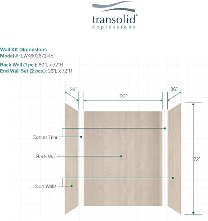 Transolid EWK603672-45 Expressions 3-Panel Shower Wall Kit, 36-in L x 60-in W x 72-in H, Bleached Oak