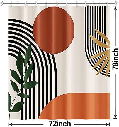 Mid Century Boho Shower Curtain, Abstract Minimalist Sunrise Fabric Shower Curtain Set Orange Waterproof Polyester Morden Abstract Leaves and Arch Bathroom Curtain Set with Hooks, 72x78 Inch