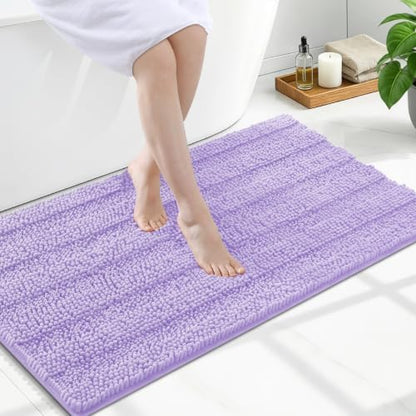 Grandaily Chenille Striped Bathroom Rugs 47x24, Extra Thick and Soft Absorbent Bath Mats, Rubber Backing, Plush Shaggy Shower Carpet, Machine Wash Dry, Bath Rug for Bathroom, Light Purple