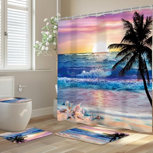 4Pcs Ocean Sunrise Beach Tropical Bathroom Shower Curtain Set with Rugs