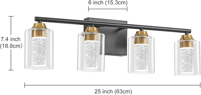 4-Light Black & Gold Bathroom Vanity Light with 3 Color Modes (3000K/4000K/6000K), Dimmable Modern Wall Light Over Mirror with Clear Glass Shade