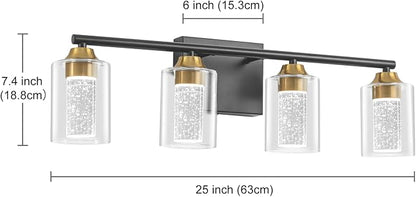 4-Light Black & Gold Bathroom Vanity Light with 3 Color Modes (3000K/4000K/6000K), Dimmable Modern Wall Light Over Mirror with Clear Glass Shade
