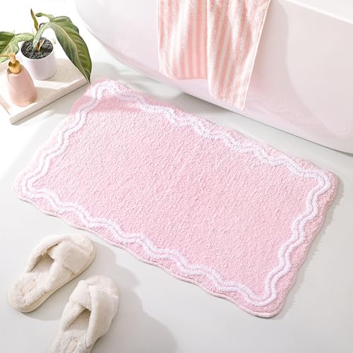 TRUEDAYS Pink Scalloped Bath Mat, Soft Cute Bath Mat, 32x20 Inch