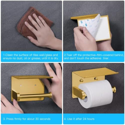 VAEHOLD Self Adhesive Toilet Paper Holder with Phone Shelf Stainless Steel Wall Mounted Toilet Paper Roll Holder - Rustproof and Bathroom Washroom Tissue Roll Holder with Storage Shelf - Gold