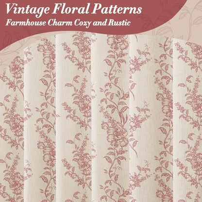Red Linen Farmhouse Shower Curtain, Boho Floral Bathroom 72x72