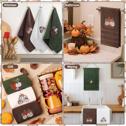 FuWeave 3 Pcs Green Brown Fall Pumpkin Hand Towels for Bathroom