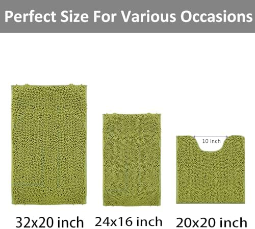 Lime Green Bathroom Rug Set - Extra Soft 3 Piece Anti-Slip Bath Mats, Plush Chenille Shaggy Mat for Living Room, Bedroom, Floor - Water Absorbent Soft Rug