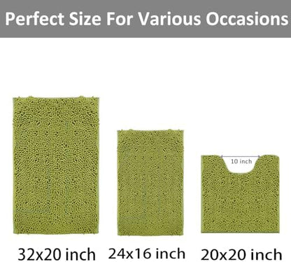 Lime Green Bathroom Rug Set - Extra Soft 3 Piece Anti-Slip Bath Mats, Plush Chenille Shaggy Mat for Living Room, Bedroom, Floor - Water Absorbent Soft Rug