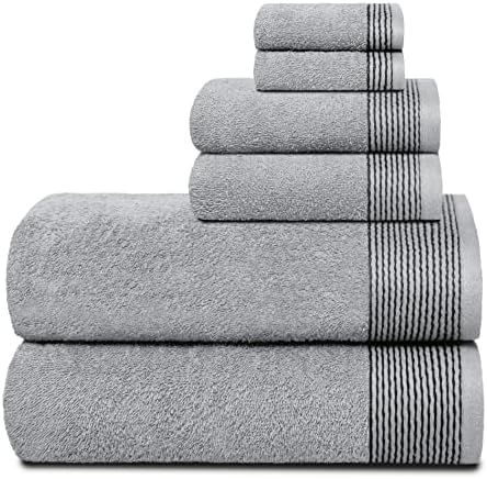 Belizzi Home 100% Cotton Ultra Soft 6 Pack Towel Set, Contains 2 Bath Towels 28x55 inchs, 2 Hand Towels 16x24 inchs & 2 Washcloths 12x12 inchs, Compact Lightweight & Highly Absorbant - Light Grey