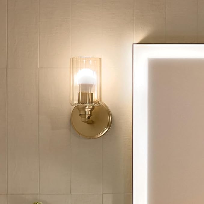 Kichler Gioe 5" 1-Light Wall Sconce with Clear Fluted Glass in Champagne Bronze, Damp Rated, for Powder Room, Kitchen, Hallway, Bedroom, Fireplace, (5" W x 9.5" H), 55224CPZFLU