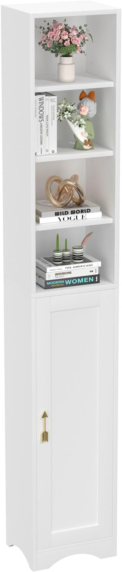 VECELO Narrow Tall Cabinet with Closed Door, 6 Adjustable Movable Shelves, Wood Space Saving Corner Storage Unit, Pearl White