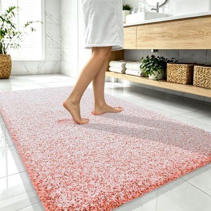 OLANLY Microfiber Bathroom Rugs 59x35, Quick Dry Bath Mat, Coral and White