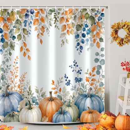 Fall Pumpkin Shower Curtain, Autumn Thanksgiving Harvest Floral Plant Leaves Farmhouse Bath Curtain Accessories, Waterproof Polyester Fabric Bathroom Curtain 72X72in