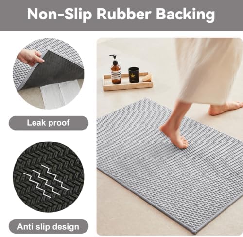 Triohero Bathroom Rugs Non Slip Washable, Super Absorbent Thin Bath Mat Small Quick Dry Low Pile Bathroom Rug, Light Grey 16x24