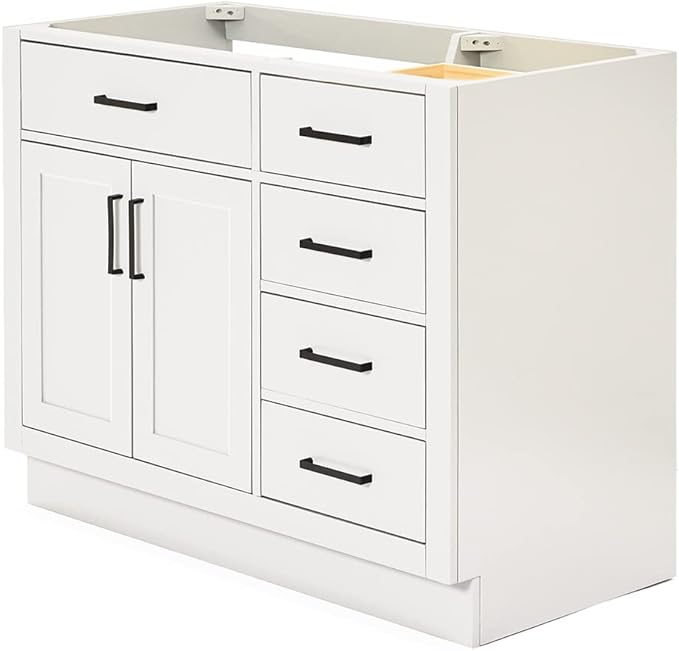 ARIEL Hepburn 42-inch Bathroom Vanity Base Cabinet,Solid Wood, 2 Soft Closing Doors, 5 Dovetail Drawers, White