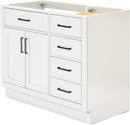 ARIEL Hepburn 42-inch Bathroom Vanity Base Cabinet,Solid Wood, 2 Soft Closing Doors, 5 Dovetail Drawers, White