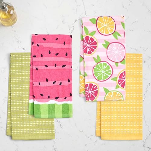Ritz 4-Piece Kitchen Towel Set, Citrus Fruit & Watermelon Stripe Prints with Yellow & Lime Green Textured Terry, 100% Cotton & Absorbent Blend, 16" x 26", Bright Summer Fruit Kitchen Decor