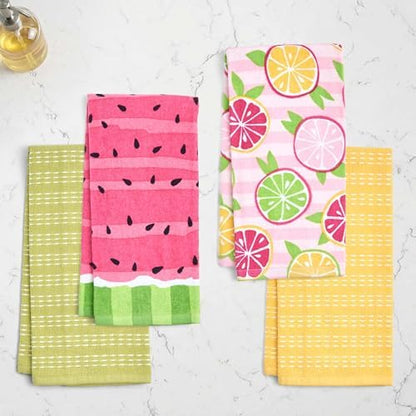 Ritz 4-Piece Kitchen Towel Set, Citrus Fruit & Watermelon Stripe Prints with Yellow & Lime Green Textured Terry, 100% Cotton & Absorbent Blend, 16" x 26", Bright Summer Fruit Kitchen Decor