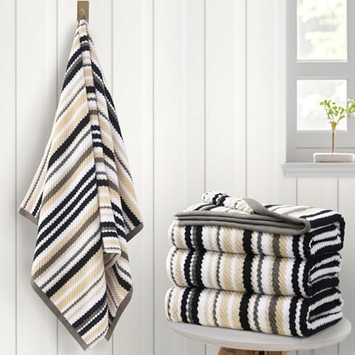 VOOVA & MOVAS Bath Towels 4 Pack, 100% Cotton, 28x52 in, Black Striped