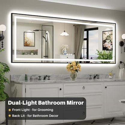96x36 Inch LED Bathroom Mirror with Black Frame, Backlit & Front Lit