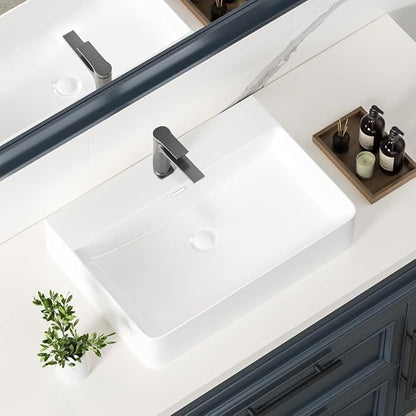 24" White Rectangular Ceramic Vessel Sink Bath Wall Mount/Above Counter | KINGWONG High-temp porcelain resists stains & thermal shock. Overflow hole. Easy Clean Glossy Finish for Master Bathroom