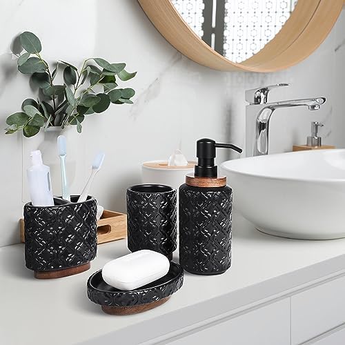 RQYIXI Ceramic Bathroom Accessories Set,Black,4 Piece,Embossed Design
