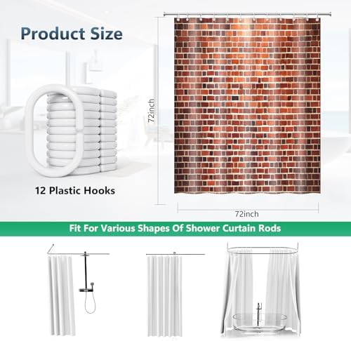 Vintage Red Brick Wall Texture Shower Curtain with Hooks 72 x 72 Inches