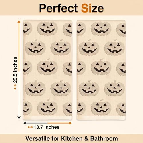 2 Pack Halloween Hand Towels 100% Cotton Jacquard ack-O'-Lantern Halloween Kitchen Towels White Bathroom Towels Set Seasonal Bathroom Decor(Beige ack-O'-Lantern)