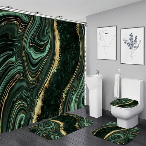 Nkzply 4 Pcs Green Marble Shower Curtain Sets with Rugs Gold Bathroom Set