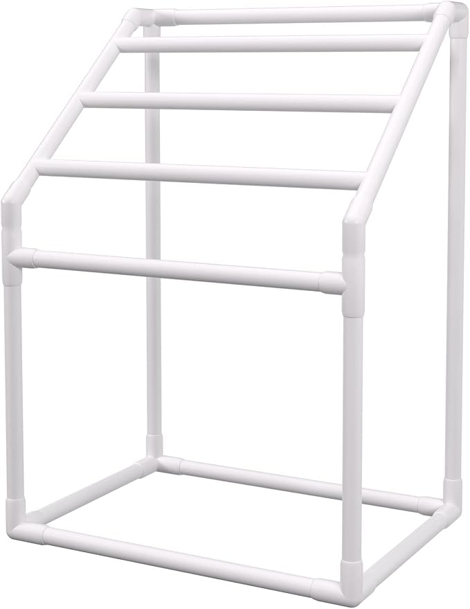 VEVOR Pool Towel Rack, 5 Bar, White, Freestanding Outdoor PVC Trapedozal Poolside Storage Organizer, Include 8 Towel Clips, Mesh Bag, Hook, Also Stores Floats and Paddles, for Beach, Swimming Pool