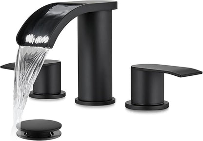 gotonovo Waterfall 8 inch Widespread Bathroom Faucet Set Bathroom Sink Faucet 3 Hole 2 Handle Vanity Lavatory Deck Mount with Pop Up Drain and Water Supply Lines Round Body Matte Black