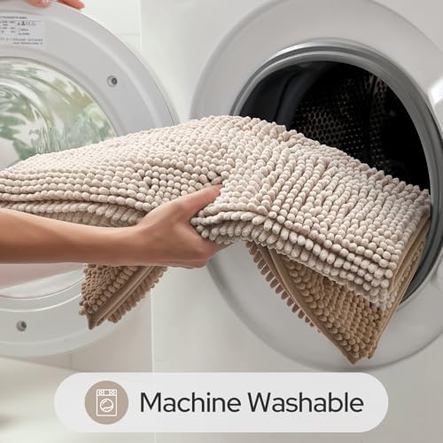 HOMEIDEAS Beige Bathroom Rugs Set of 2, Striped Chenille, 20"x32"+17"x24"
