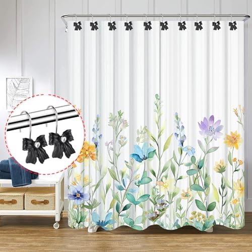 12PCS Shower Curtain Hooks Rings,Black Bow Decorative Shower Curtain Hooks