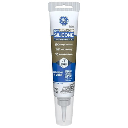 GE Advanced Silicone Caulk for Window & Door, Clear, 2.8 fl oz Tube, 1 Pack - 100% Waterproof Silicone Sealant, 5X Stronger Adhesion, Freeze & Sun Proof