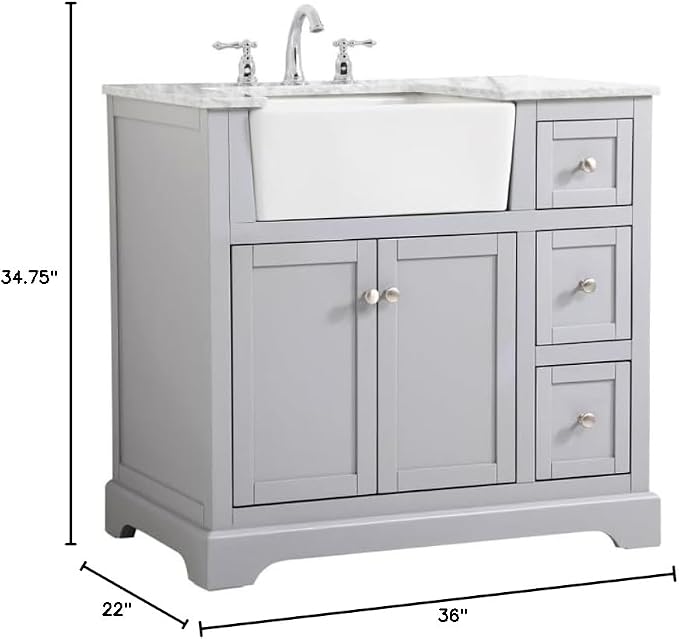 36" Pre-Assembled Bathroom Vanity with Sink, Solid Birch and MDF, Carrara White Marble Countertop Attached, Single Rectangle Porcelain Sink, 3 Soft-Close Drawers, Grey