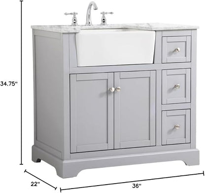 36" Pre-Assembled Bathroom Vanity with Sink, Solid Birch and MDF, Carrara White Marble Countertop Attached, Single Rectangle Porcelain Sink, 3 Soft-Close Drawers, Grey